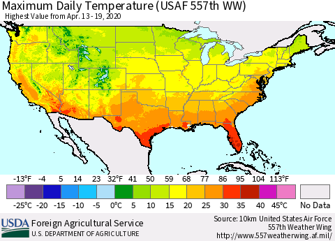 United States Extreme Maximum Temperature (USAF 557th WW) Thematic Map For 4/13/2020 - 4/19/2020