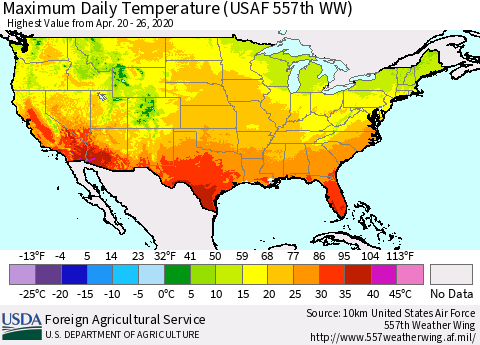 United States Extreme Maximum Temperature (USAF 557th WW) Thematic Map For 4/20/2020 - 4/26/2020