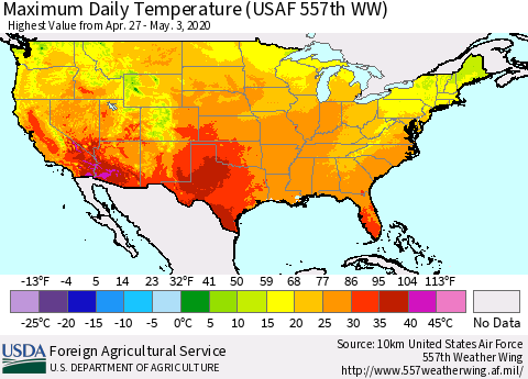 United States Maximum Daily Temperature (USAF 557th WW) Thematic Map For 4/27/2020 - 5/3/2020