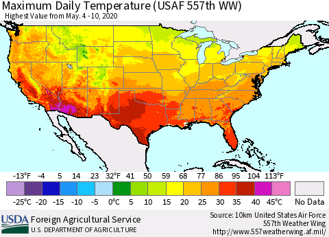 United States Extreme Maximum Temperature (USAF 557th WW) Thematic Map For 5/4/2020 - 5/10/2020