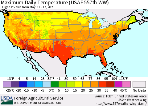 United States Maximum Daily Temperature (USAF 557th WW) Thematic Map For 5/11/2020 - 5/17/2020