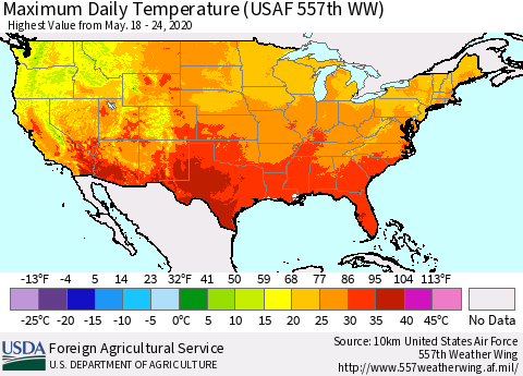 United States Extreme Maximum Temperature (USAF 557th WW) Thematic Map For 5/18/2020 - 5/24/2020