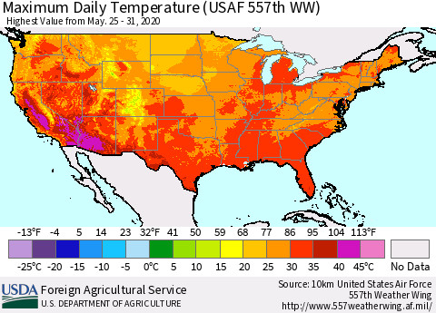 United States Maximum Daily Temperature (USAF 557th WW) Thematic Map For 5/25/2020 - 5/31/2020