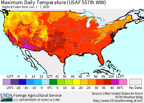 United States Extreme Maximum Temperature (USAF 557th WW) Thematic Map For 6/1/2020 - 6/7/2020