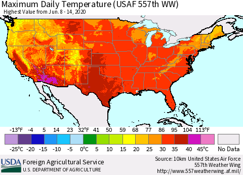 United States Extreme Maximum Temperature (USAF 557th WW) Thematic Map For 6/8/2020 - 6/14/2020