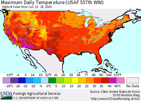 United States Maximum Daily Temperature (USAF 557th WW) Thematic Map For 6/22/2020 - 6/28/2020