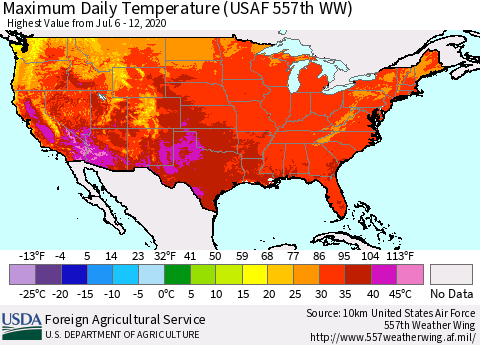 United States Maximum Daily Temperature (USAF 557th WW) Thematic Map For 7/6/2020 - 7/12/2020