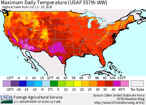 United States Maximum Daily Temperature (USAF 557th WW) Thematic Map For 7/13/2020 - 7/19/2020