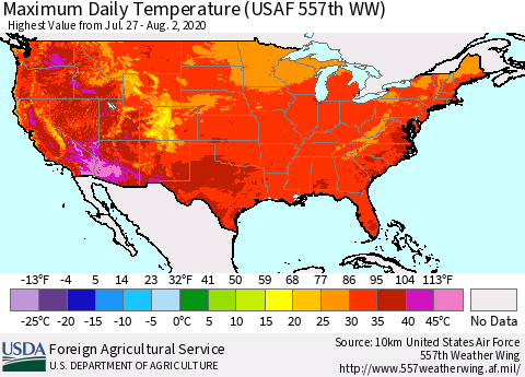 United States Extreme Maximum Temperature (USAF 557th WW) Thematic Map For 7/27/2020 - 8/2/2020