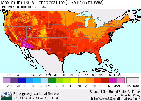 United States Extreme Maximum Temperature (USAF 557th WW) Thematic Map For 8/3/2020 - 8/9/2020
