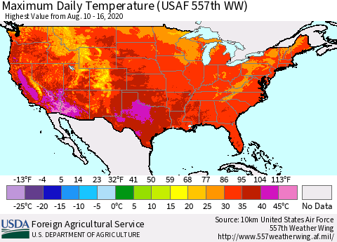 United States Maximum Daily Temperature (USAF 557th WW) Thematic Map For 8/10/2020 - 8/16/2020
