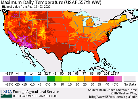 United States Extreme Maximum Temperature (USAF 557th WW) Thematic Map For 8/17/2020 - 8/23/2020