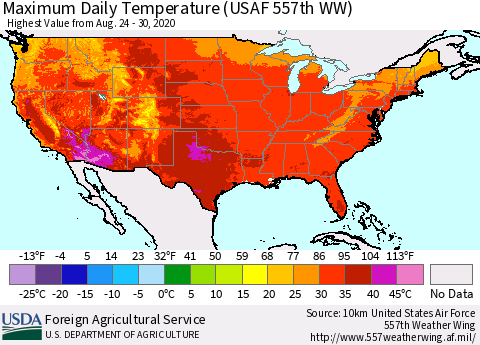 United States Extreme Maximum Temperature (USAF 557th WW) Thematic Map For 8/24/2020 - 8/30/2020