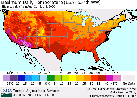 United States Maximum Daily Temperature (USAF 557th WW) Thematic Map For 8/31/2020 - 9/6/2020