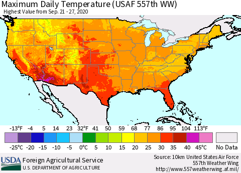 United States Extreme Maximum Temperature (USAF 557th WW) Thematic Map For 9/21/2020 - 9/27/2020