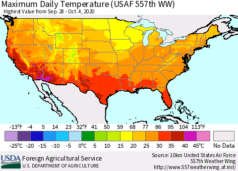 United States Maximum Daily Temperature (USAF 557th WW) Thematic Map For 9/28/2020 - 10/4/2020