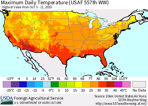 United States Extreme Maximum Temperature (USAF 557th WW) Thematic Map For 10/5/2020 - 10/11/2020