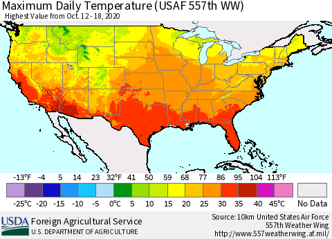 United States Extreme Maximum Temperature (USAF 557th WW) Thematic Map For 10/12/2020 - 10/18/2020