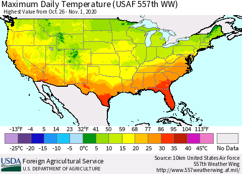 United States Extreme Maximum Temperature (USAF 557th WW) Thematic Map For 10/26/2020 - 11/1/2020