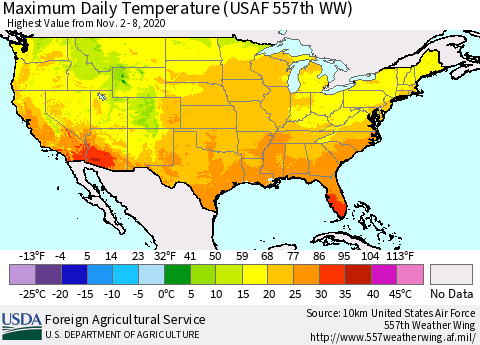 United States Extreme Maximum Temperature (USAF 557th WW) Thematic Map For 11/2/2020 - 11/8/2020