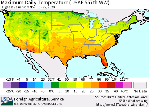 United States Extreme Maximum Temperature (USAF 557th WW) Thematic Map For 11/16/2020 - 11/22/2020