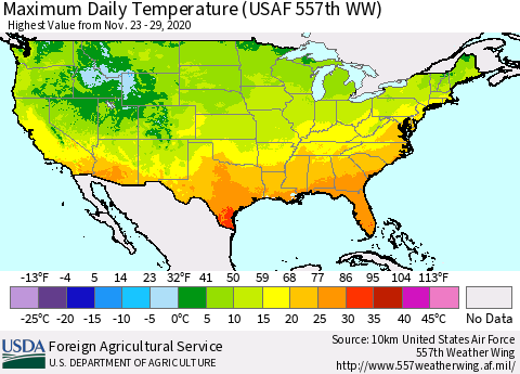 United States Extreme Maximum Temperature (USAF 557th WW) Thematic Map For 11/23/2020 - 11/29/2020