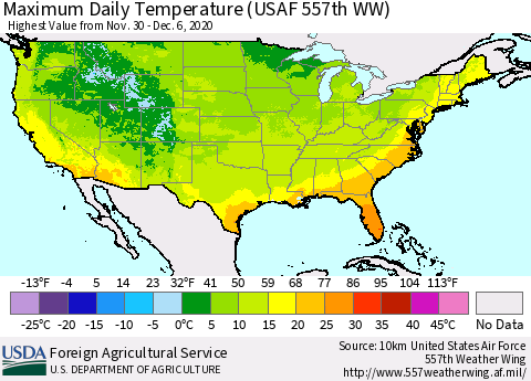 United States Extreme Maximum Temperature (USAF 557th WW) Thematic Map For 11/30/2020 - 12/6/2020