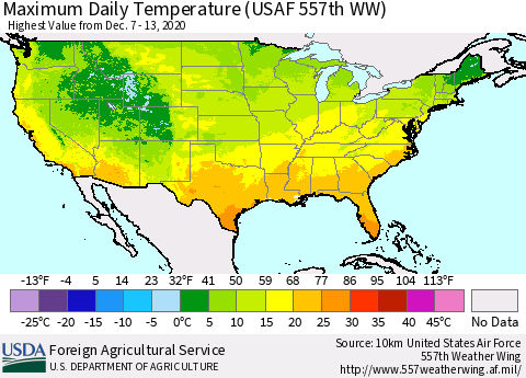 United States Extreme Maximum Temperature (USAF 557th WW) Thematic Map For 12/7/2020 - 12/13/2020