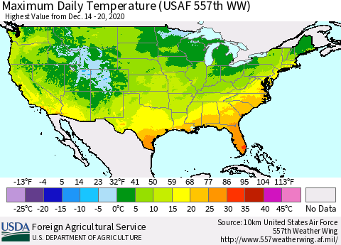 United States Maximum Daily Temperature (USAF 557th WW) Thematic Map For 12/14/2020 - 12/20/2020