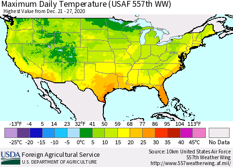 United States Extreme Maximum Temperature (USAF 557th WW) Thematic Map For 12/21/2020 - 12/27/2020