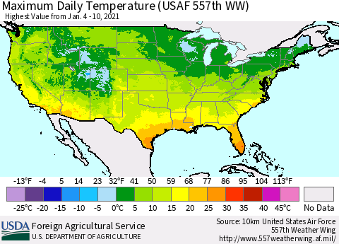 United States Extreme Maximum Temperature (USAF 557th WW) Thematic Map For 1/4/2021 - 1/10/2021