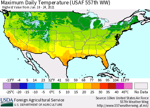 United States Extreme Maximum Temperature (USAF 557th WW) Thematic Map For 1/18/2021 - 1/24/2021
