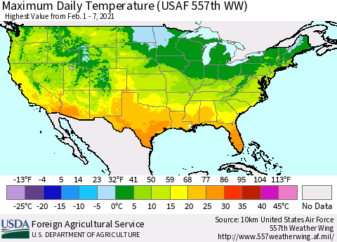 United States Extreme Maximum Temperature (USAF 557th WW) Thematic Map For 2/1/2021 - 2/7/2021