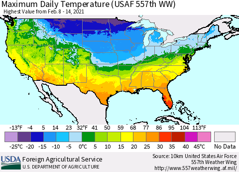 United States Extreme Maximum Temperature (USAF 557th WW) Thematic Map For 2/8/2021 - 2/14/2021