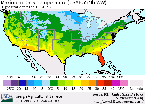 United States Extreme Maximum Temperature (USAF 557th WW) Thematic Map For 2/15/2021 - 2/21/2021