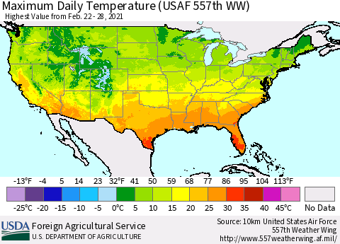 United States Extreme Maximum Temperature (USAF 557th WW) Thematic Map For 2/22/2021 - 2/28/2021