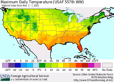 United States Extreme Maximum Temperature (USAF 557th WW) Thematic Map For 3/1/2021 - 3/7/2021