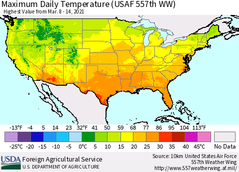 United States Extreme Maximum Temperature (USAF 557th WW) Thematic Map For 3/8/2021 - 3/14/2021