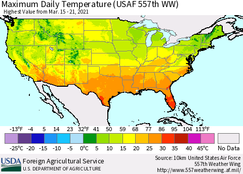United States Maximum Daily Temperature (USAF 557th WW) Thematic Map For 3/15/2021 - 3/21/2021