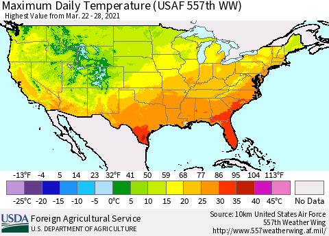 United States Maximum Daily Temperature (USAF 557th WW) Thematic Map For 3/22/2021 - 3/28/2021