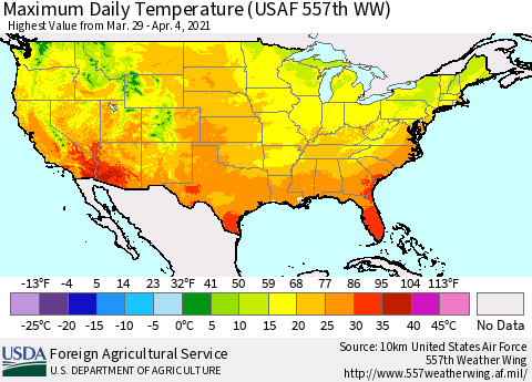 United States Maximum Daily Temperature (USAF 557th WW) Thematic Map For 3/29/2021 - 4/4/2021