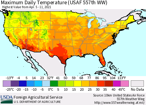 United States Maximum Daily Temperature (USAF 557th WW) Thematic Map For 4/5/2021 - 4/11/2021