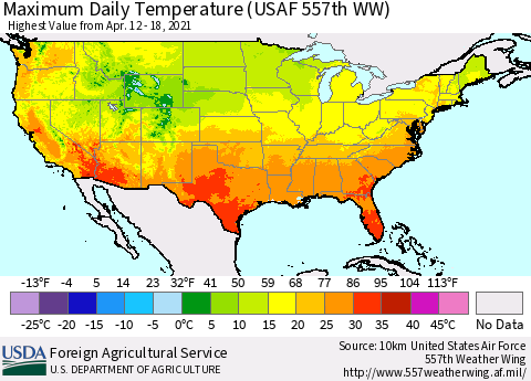 United States Extreme Maximum Temperature (USAF 557th WW) Thematic Map For 4/12/2021 - 4/18/2021