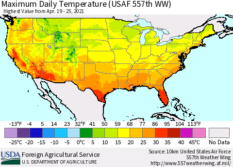 United States Extreme Maximum Temperature (USAF 557th WW) Thematic Map For 4/19/2021 - 4/25/2021