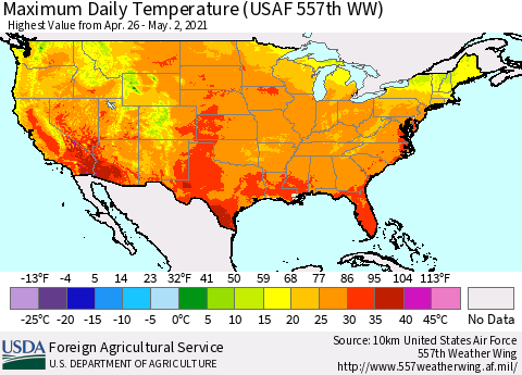 United States Maximum Daily Temperature (USAF 557th WW) Thematic Map For 4/26/2021 - 5/2/2021