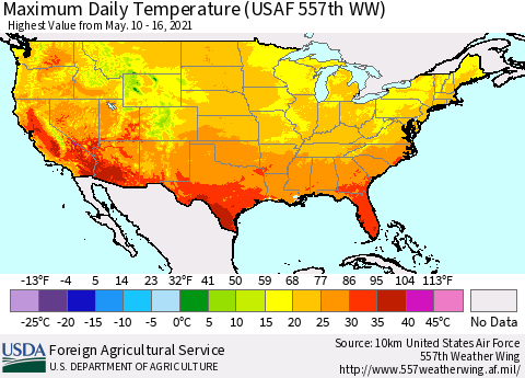 United States Extreme Maximum Temperature (USAF 557th WW) Thematic Map For 5/10/2021 - 5/16/2021