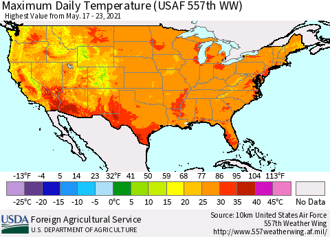 United States Maximum Daily Temperature (USAF 557th WW) Thematic Map For 5/17/2021 - 5/23/2021