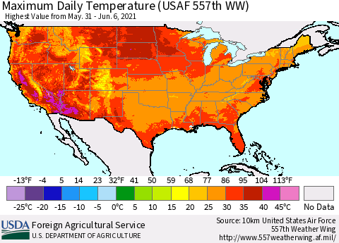United States Extreme Maximum Temperature (USAF 557th WW) Thematic Map For 5/31/2021 - 6/6/2021