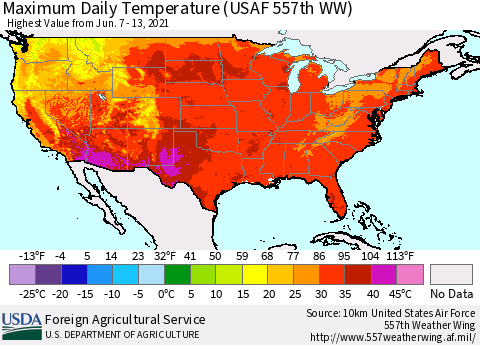 United States Maximum Daily Temperature (USAF 557th WW) Thematic Map For 6/7/2021 - 6/13/2021
