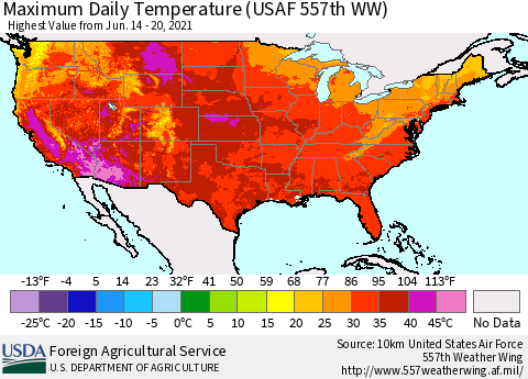 United States Maximum Daily Temperature (USAF 557th WW) Thematic Map For 6/14/2021 - 6/20/2021